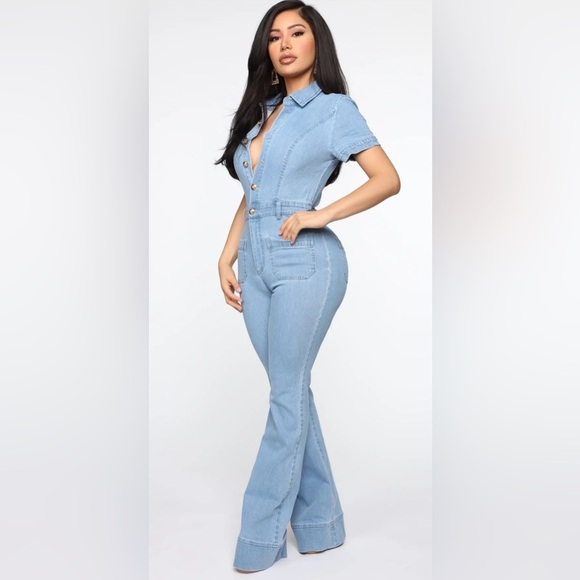 Fashion Nova Flirty Flare Denim Jumpsuit-light wash. Small. Like new. - Picture 2 of 7